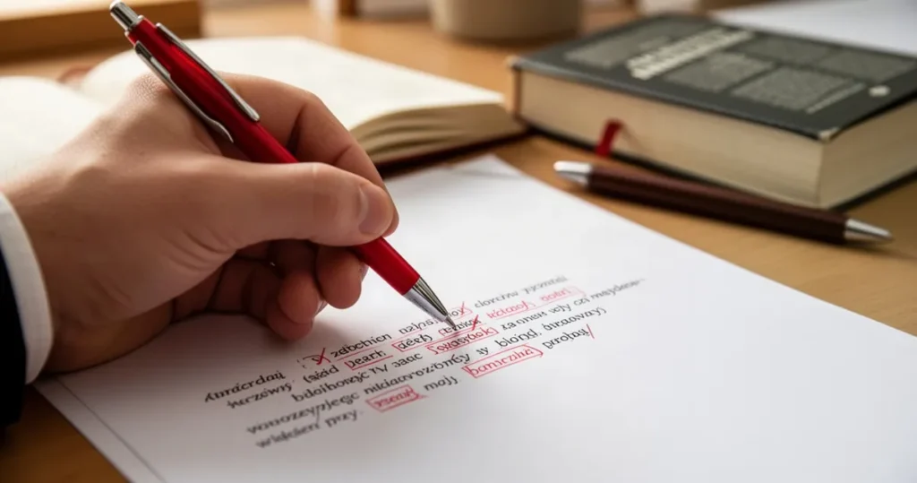 Dłoń z czerwonym długopisem poprawiająca błąd ortograficzny w tekście na kartce papieru w biurowym otoczeniu.