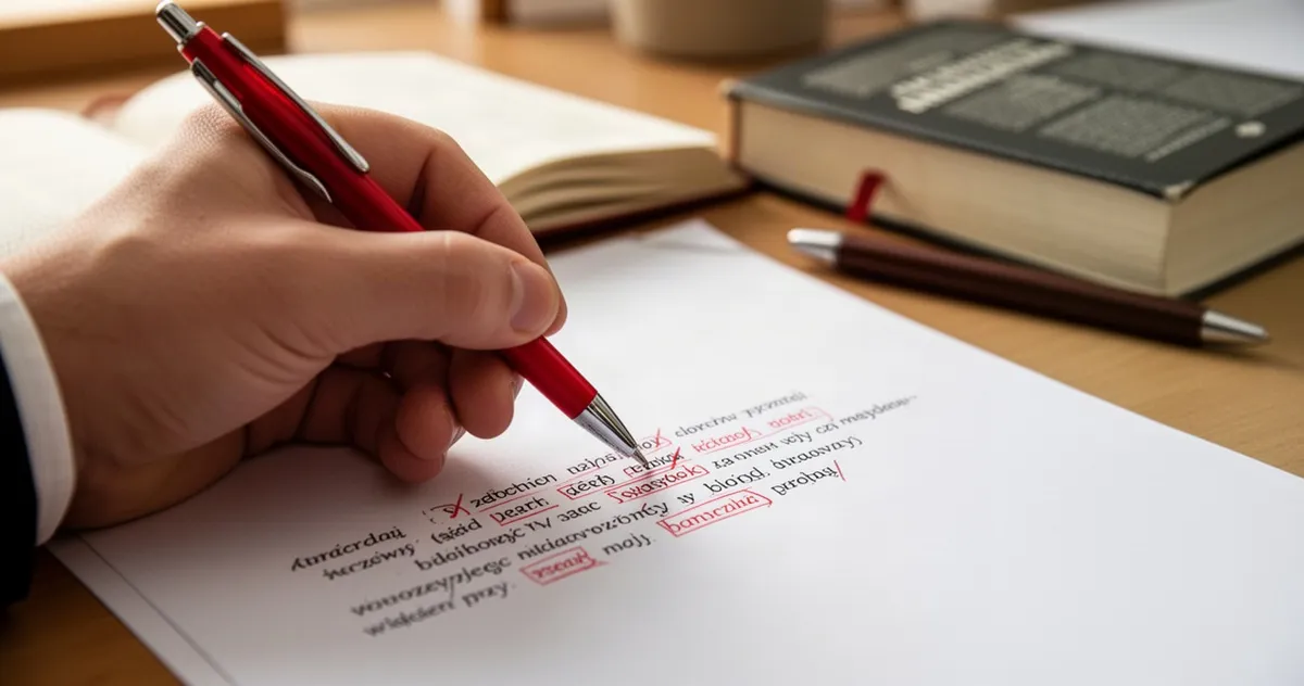 Dłoń z czerwonym długopisem poprawiająca błąd ortograficzny w tekście na kartce papieru w biurowym otoczeniu.