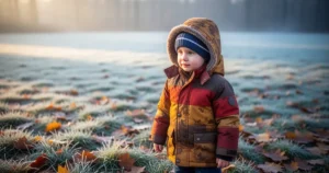 Dziecko w ciepłej kurtce jesiennej stojące na zewnątrz na tle oszronionej trawy i opadłych liści w świetle poranka.
