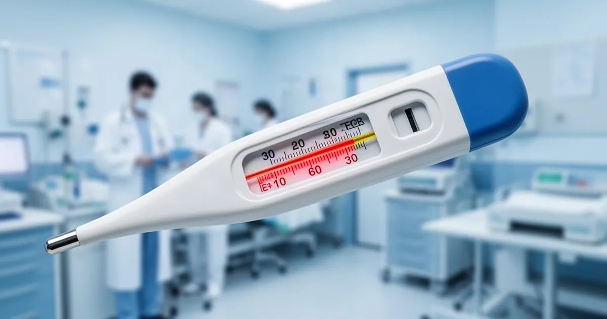 Termometr cyfrowy wskazujący podwyższoną temperaturę w profesjonalnym gabinecie lekarskim.