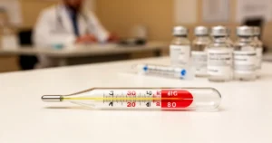 Termometr medyczny wskazujący wysoką temperaturę na białym tle, w tle zamazane akcesoria lekarskie.