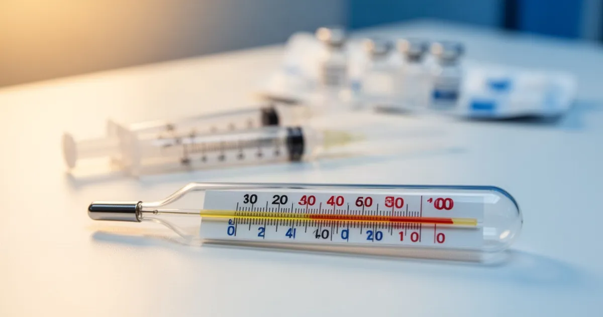 Termometr z podwyższoną temperaturą na pierwszym planie, w tle rozmyta strzykawka i akcesoria medyczne.