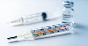 Termometr ze wskazaną podwyższoną temperaturą na tle rozmytej strzykawki oraz fiolki ze szczepionką.