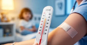 Termometr z wysoką temperaturą na pierwszym planie oraz niewyraźne ramię dziecka z opatrunkiem po szczepieniu w tle.