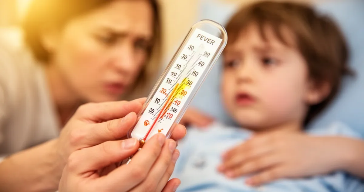 Termometr wskazujący podwyższoną temperaturę u dziecka trzymanego przez zaniepokojonego rodzica.