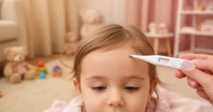 Zbliżenie na czoło dziecka z termometrem w przytulnym, domowym wnętrzu w pastelowych barwach.