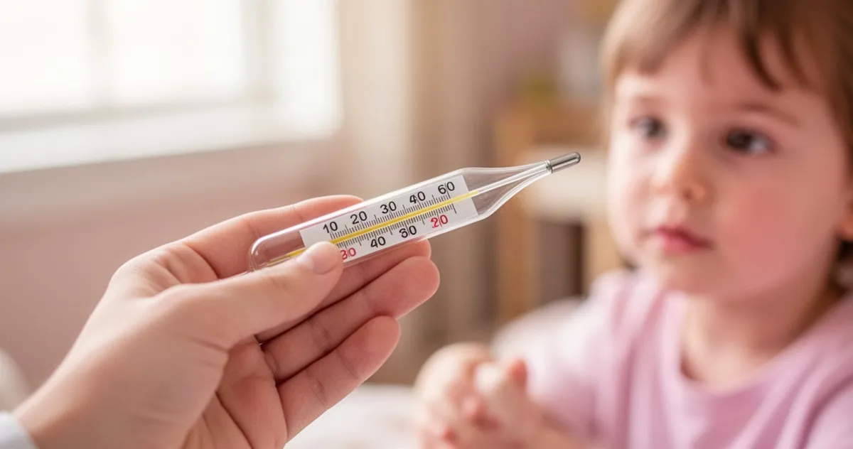 Termometr z podwyższoną temperaturą w dłoni dziecka na tle przytulnego, rozmytego wnętrza domu.