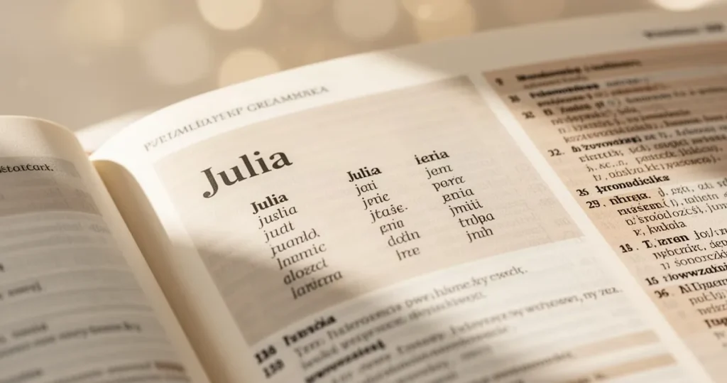 Otwarta strona słownika języka polskiego z wyraźnie zaznaczonym słowem Julia oraz jego odmianą przez przypadki.