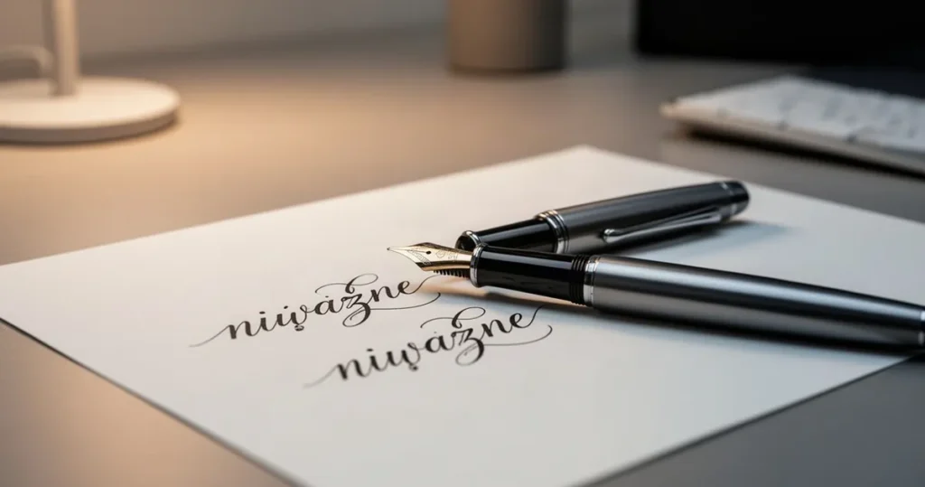 Pióro wieczne leżące na kartce papieru z elegancko zapisanymi słowami „nieważne” i „nie ważne”.