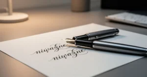 Pióro wieczne leżące na kartce papieru z elegancko zapisanymi słowami „nieważne” i „nie ważne”.