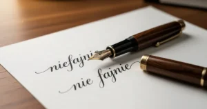 Wieczne pióro na kartce papieru z kaligraficznym napisem niefajnie oraz nie fajnie na drewnianym biurku.
