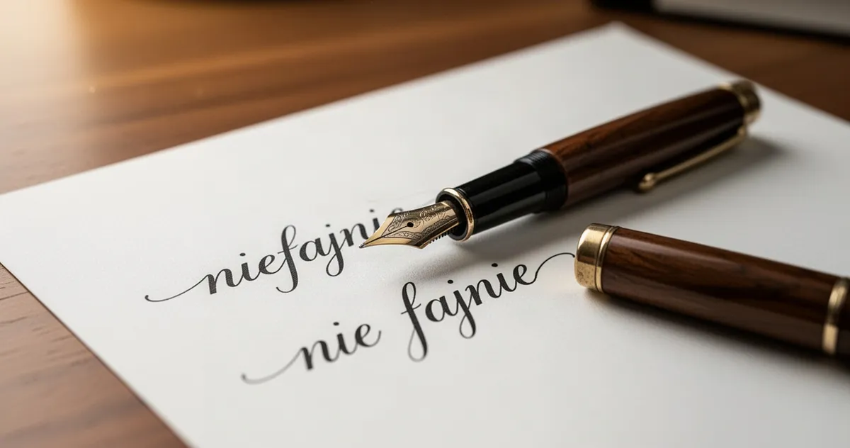 Wieczne pióro na kartce papieru z kaligraficznym napisem niefajnie oraz nie fajnie na drewnianym biurku.