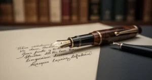 Wieczne pióro leżące na kartce papieru z odręcznie napisanym dylematem językowym, w tle niewyraźne regały biblioteki.