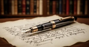 Eleganckie pióro wieczne spoczywające na pergaminie z odręcznie napisanym polskim tekstem na tle biblioteki.