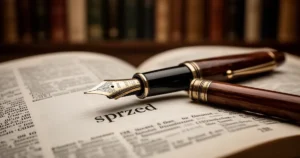 Wieczne pióro leżące na otwartym słowniku z wyraźnie widocznym słowem „sprzed” na tle biblioteki.