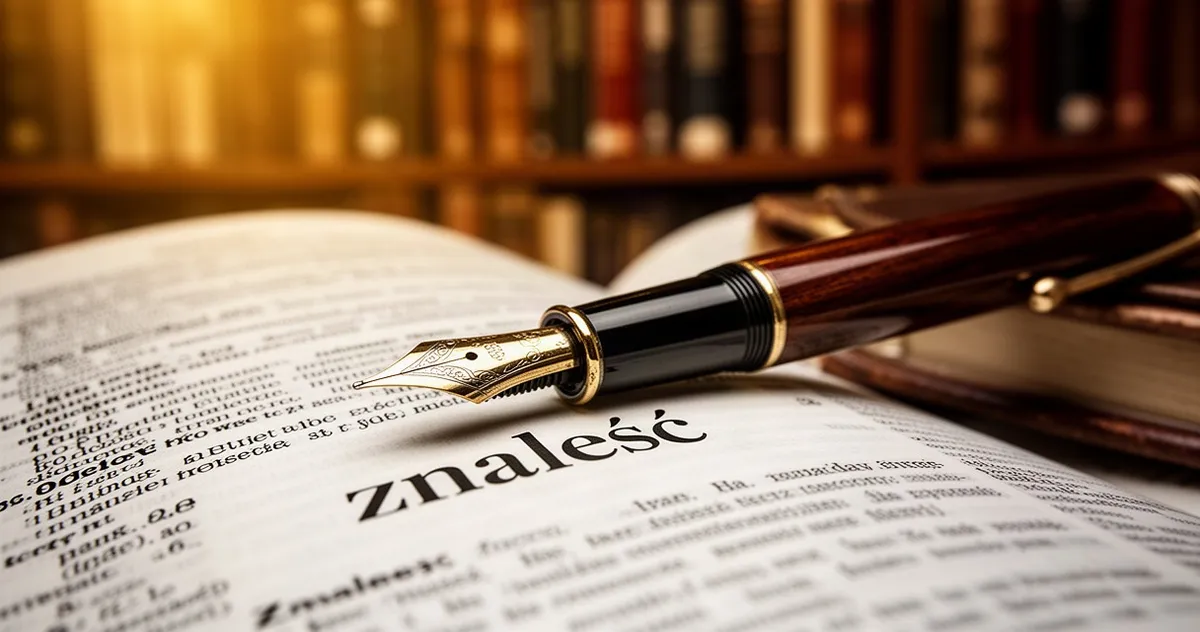 Wieczne pióro leżące na otwartym słowniku z wyraźnie widocznym hasłem „znaleźć” na tle rozmytego regału z książkami.