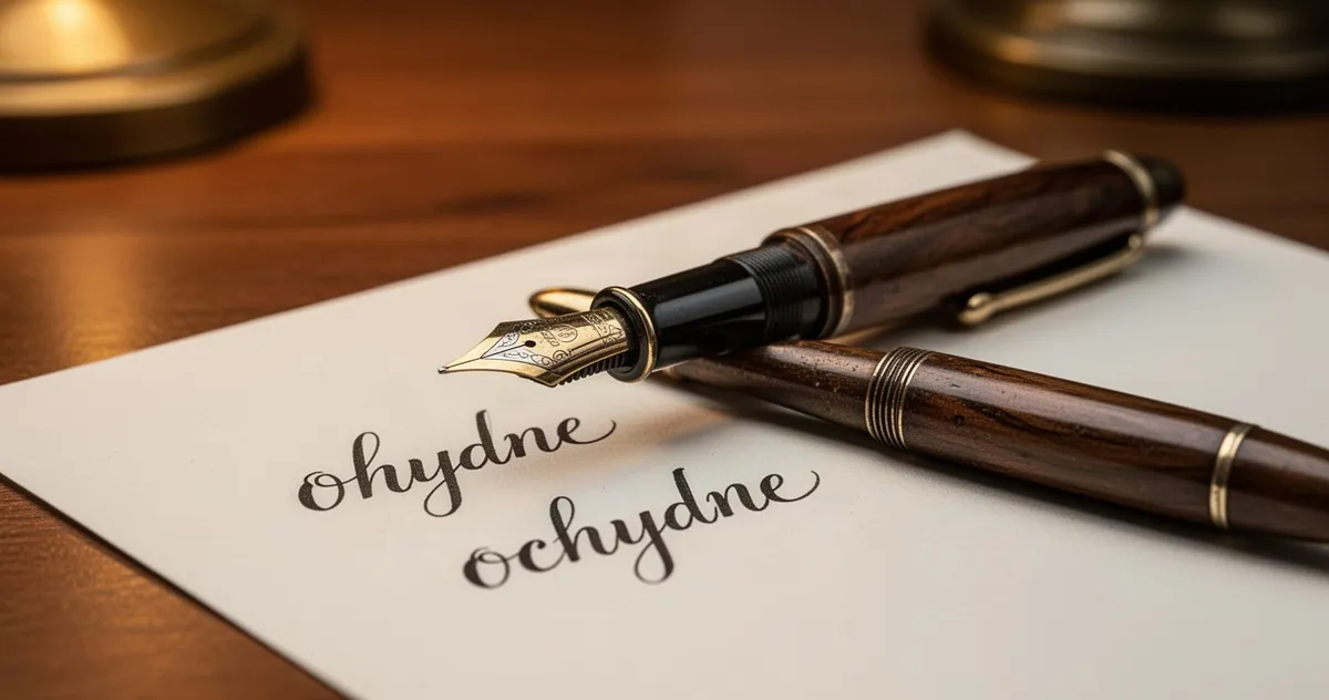 Wieczne pióro na kartce z kaligraficznie zapisanymi wyrazami: ohydne oraz ochydne, na tle drewnianego biurka.