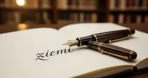 Wieczne pióro leżące na otwartym notatniku z odręcznie napisanym słowem „ziemi” na tle rozmytej biblioteki.