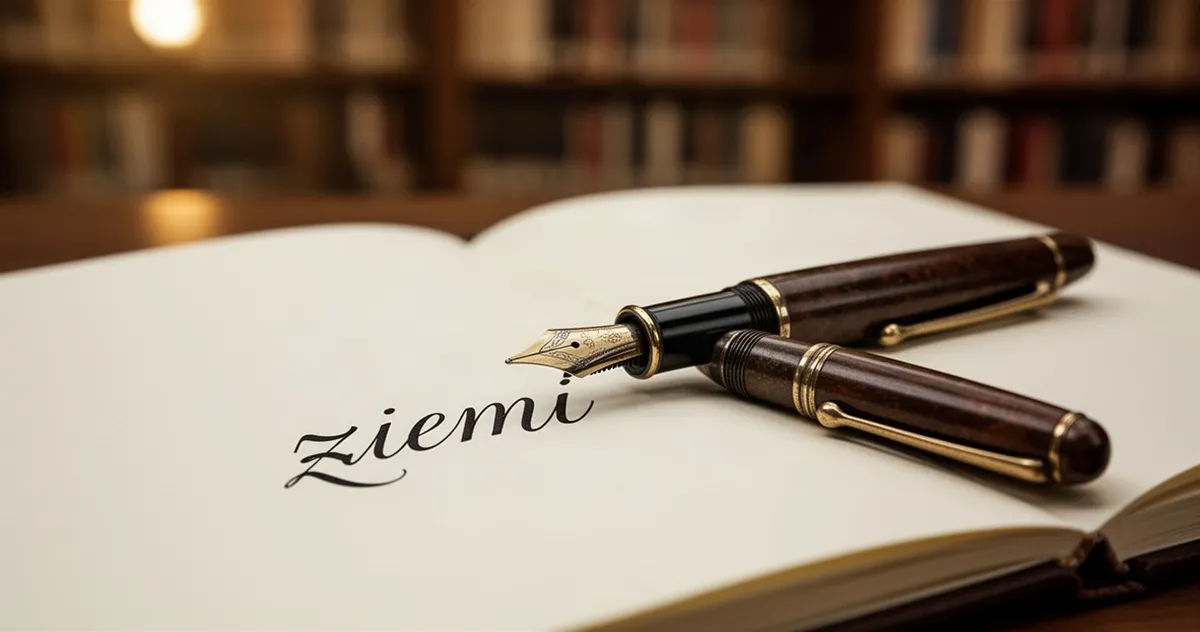 Wieczne pióro leżące na otwartym notatniku z odręcznie napisanym słowem „ziemi” na tle rozmytej biblioteki.