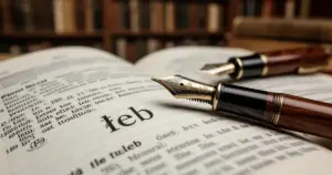 Wieczne pióro leżące na otwartym słowniku przy haśle „łeb” w przytulnym gabinecie z biblioteczką w tle.