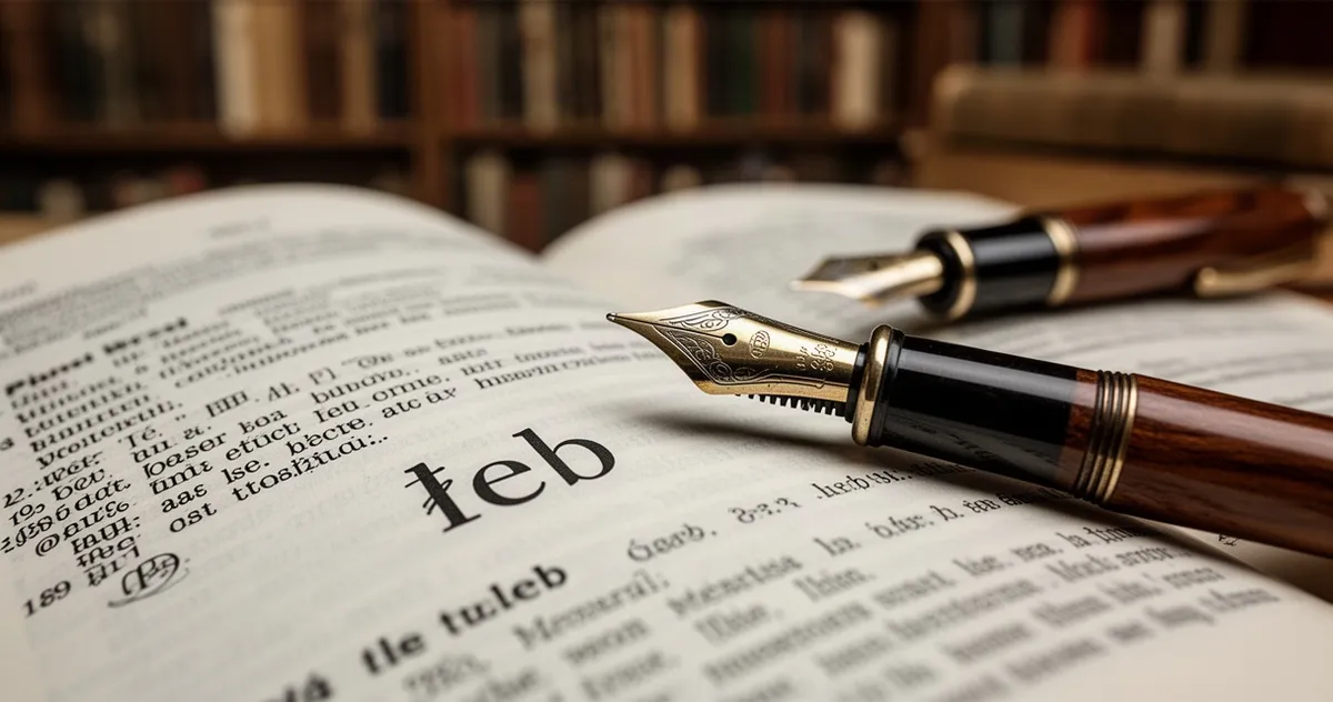 Wieczne pióro leżące na otwartym słowniku przy haśle „łeb” w przytulnym gabinecie z biblioteczką w tle.