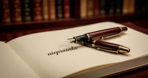 Wieczne pióro leżące na otwartym notatniku z odręcznie napisanym słowem „nieprawda” na tle biblioteki.