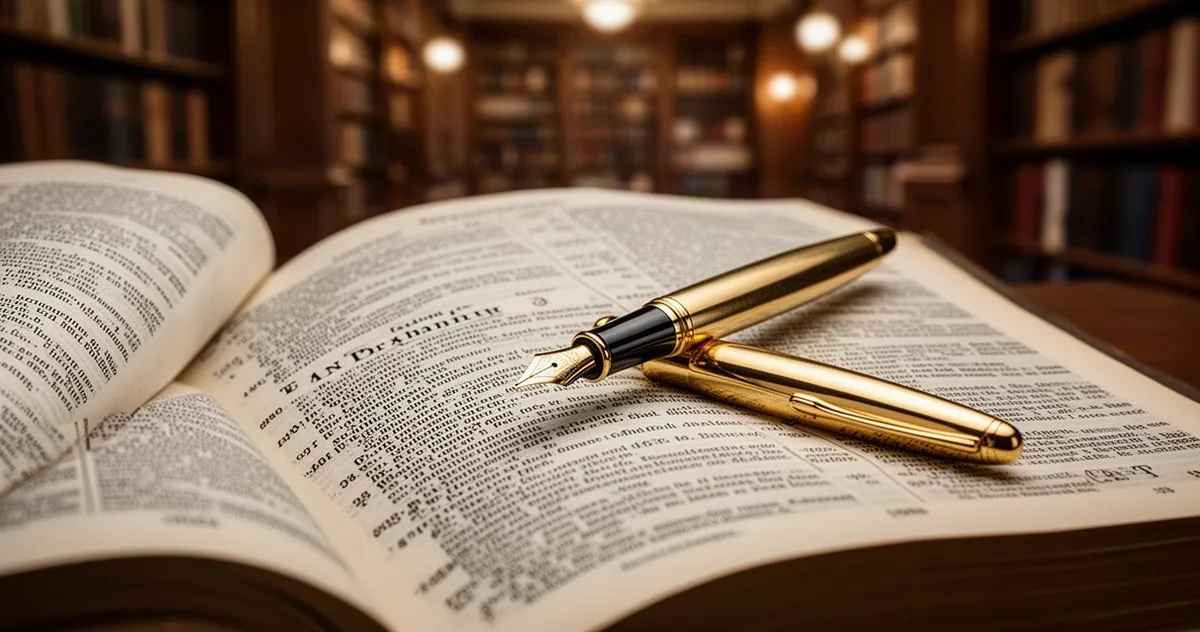 Złote pióro wieczne leżące na otwartym słowniku w klimatycznej bibliotece.