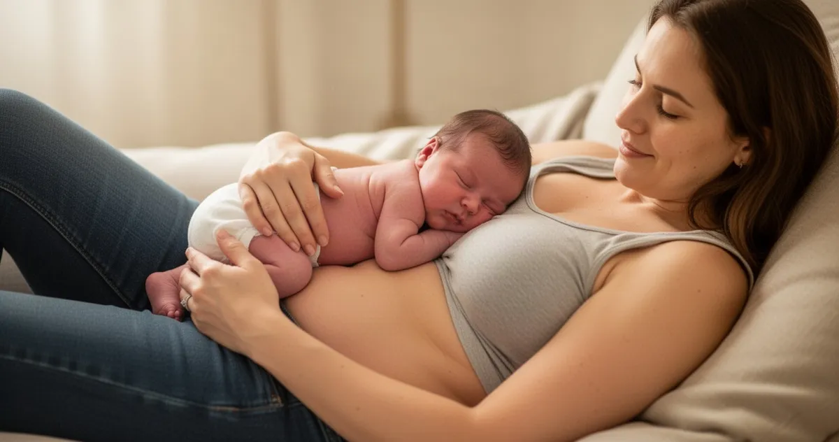 Mama w pozycji półleżącej karmiąca noworodka w pozycji biologicznej