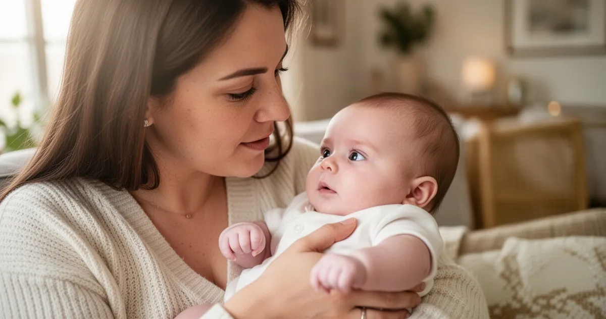 Mama utrzymuje kontakt wzrokowy z 3-miesięcznym dzieckiem