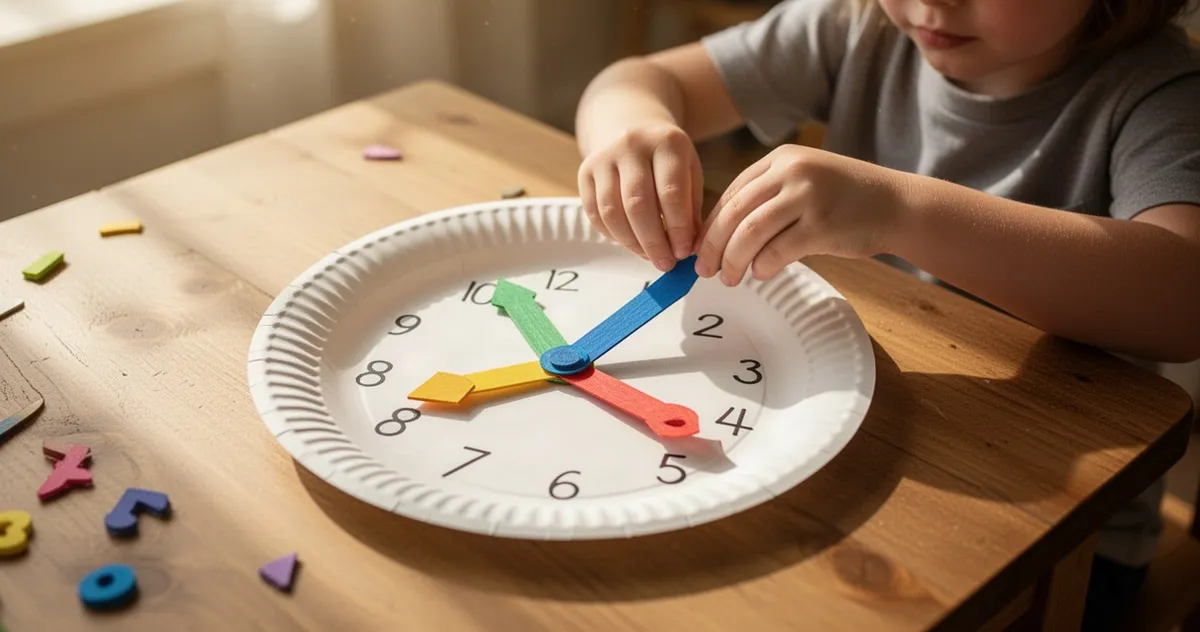 Dziecko wykonujące papierowy zegar edukacyjny