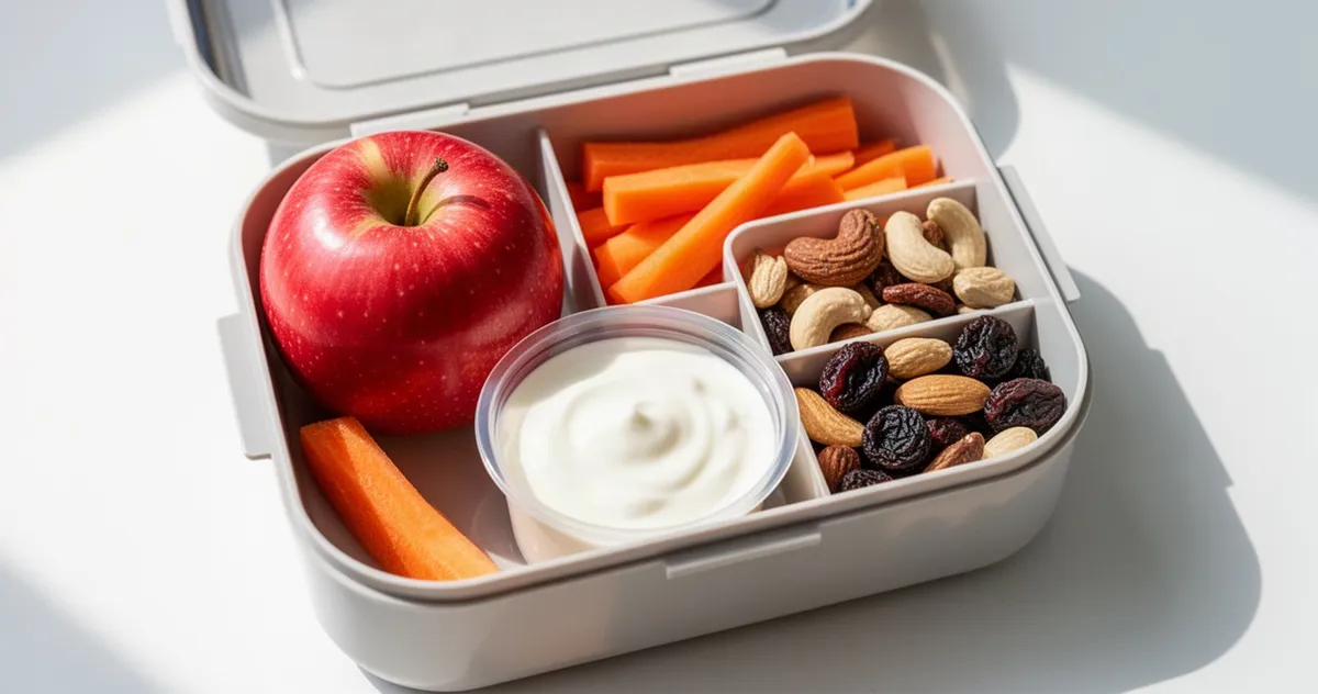 Lunchbox ze zdrowymi przekąskami, owocami i warzywami