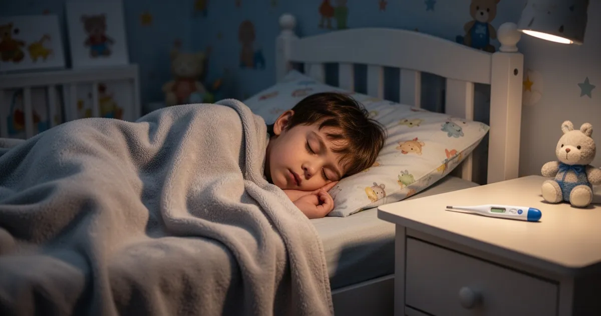 Śpiące dziecko w łóżku z termometrem na stoliku nocnym