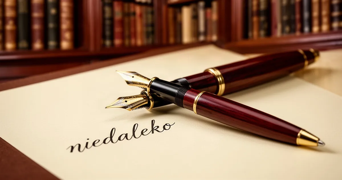 Eleganckie pióro wieczne leżące na kartce z odręcznie napisanym słowem „niedaleko” w tle biblioteki.
