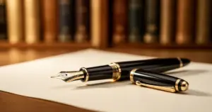 Wieczne pióro leżące na kartce papieru na tle rozmytej biblioteki w ciepłym, eleganckim oświetleniu.