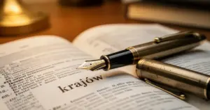 Zabytkowe pióro wieczne leżące na otwartym słowniku, ze skupieniem na wyrazie „krajów” w ciepłym, studyjnym oświetleniu.