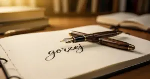 Eleganckie pióro wieczne leżące na notatniku z kaligraficznie zapisanym słowem „gorzej” w przytulnym gabinecie.