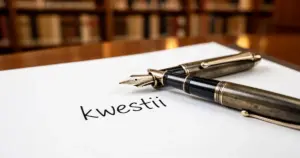 Wieczne pióro leżące na białej kartce z odręcznie napisanym słowem „kwestii” w tle rozmytych regałów bibliotecznych.
