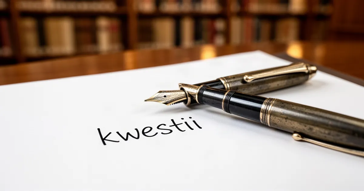 Wieczne pióro leżące na białej kartce z odręcznie napisanym słowem „kwestii” w tle rozmytych regałów bibliotecznych.