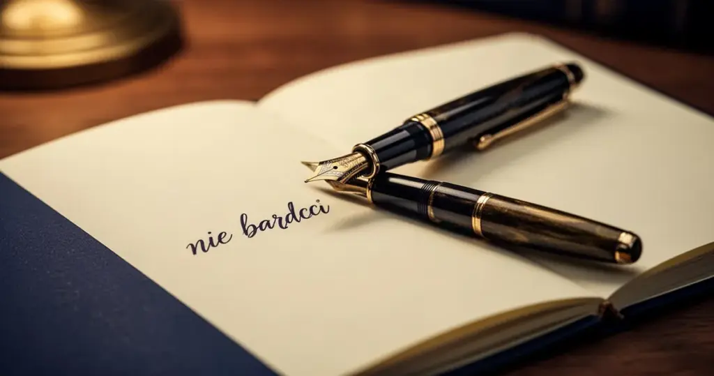 Eleganckie wieczne pióro leżące na otwartym notatniku z odręcznie napisanym zwrotem „nie bardzo” na drewnianym biurku.